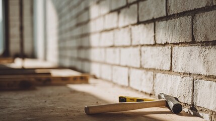 Versatile Brick Wall Construction Scene with Tools and Copy Space for Design Projects