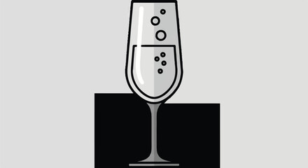Minimalist illustration of a champagne flute on a dark platform set against a light gray background.