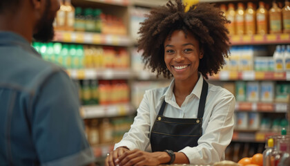 Black woman cashier smiles assisting customer at grocery store checkout counter. Friendly service provides positive shopping experience in retail environment. Client receives assistance with purchase