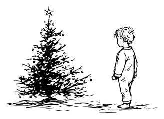 Child gazing at decorated Christmas tree in pajamas festive holiday hand drawn vector illustration