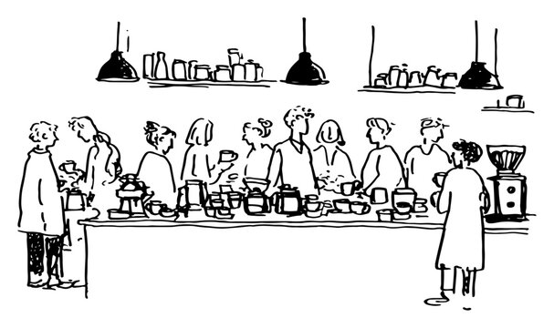 Hand drawn vector sketch of a busy coffee shop interior with people standing at the counter and a barista making drinks