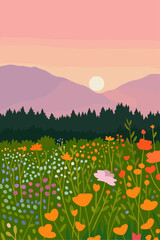 Scenic Mountain Landscape With Forest And Flower Meadow At Sunset Nature Art
