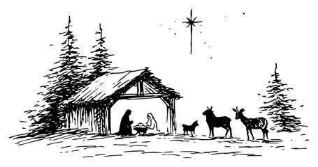 Hand-drawn vector sketch of the christmas nativity scene with the holy family in a stable with animals and the star of bethlehem