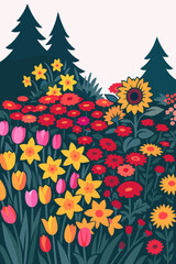 Vibrant Garden Landscape Filled With Red Flowers And Sunflowers Nature Art
