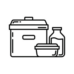 Lunchbox, food container, and beverage bottle line art icon illustrating packed meal essentials.