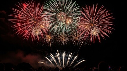 Fototapeta premium A vibrant display of fireworks bursts in the night sky, illuminating the darkness with colorful explosions and a crowd watching below.