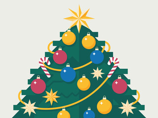 Stylized geometric Christmas tree illustration featuring minimalist flat design vector graphics decorated with vibrant ornaments, holiday baubles, striped candy canes, and golden star elements, great