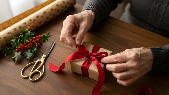Senior hands carefully tying a red ribbon bow on a holiday gift box on a wooden table with festive decorations