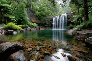 Serene waterfall cascading into a crystalclear pool in a lush rainforest