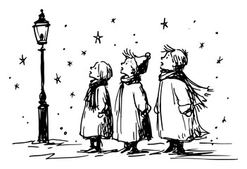 Hand drawn vector sketch of three children singing christmas carols under a street lamp while it snows