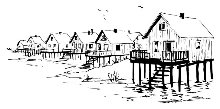 Row of stilt houses over shoreline water seaside fishing village vector illustration