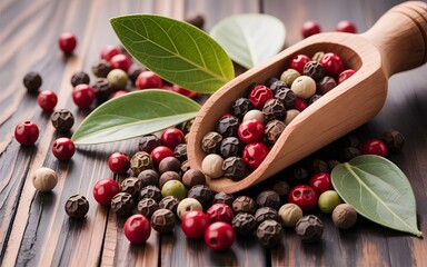 Mixed peppercorns and leaves in wooden scoop on dark wood
