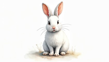 Fototapeta premium Cute white rabbit drawn in watercolor style sits on a light background. This adorable bunny illustration is perfect for Easter cards, spring themes, or children books.