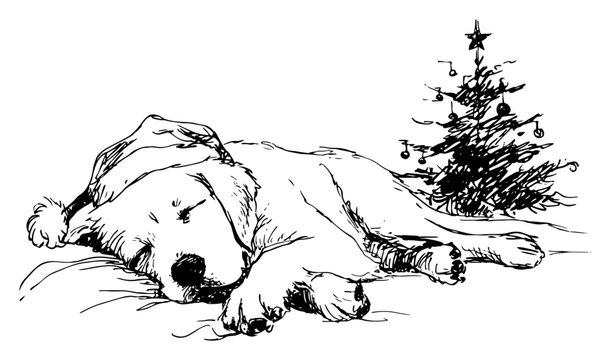 Sleeping dog beside Christmas tree &ndash; peaceful black line art vector illustration