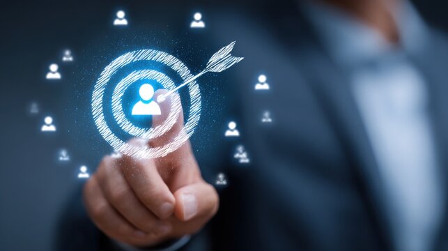 Man touches target with arrow hitting center - Powered by Adobe