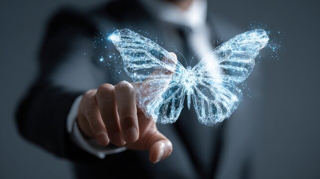 Man touching glowing digital butterfly transformation concept