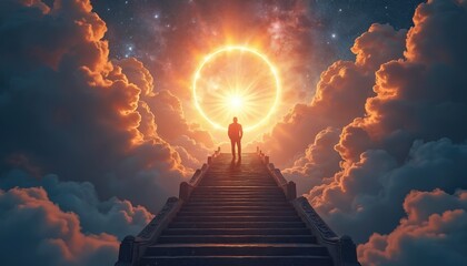 Man stands on stairs towards bright celestial circle. Fiery clouds and stars fill sky above. Journey to enlightenment, divine, spiritual growth, self discovery. Inner peace found.