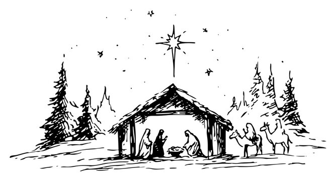 Nativity scene under Bethlehem star with stable and approaching wise men &ndash; minimalist black line art vector illustration