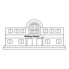 Black and white outline vector drawing of a generic railway station building. Simple, line art illustration of classic transportation architecture. Perfect for coloring books, travel concepts, or desi