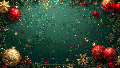 Festive Christmas background featuring gold and red baubles and pine branches conveying holiday joy.