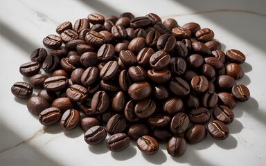 Obraz premium Pile of Dark Roasted Coffee Beans on Marble Surface