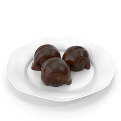 Three Realistic Chocolate Candies Covered in Melted Syrup on White Plate