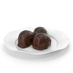 Three chocolate candies served on white plate isolated transparent background