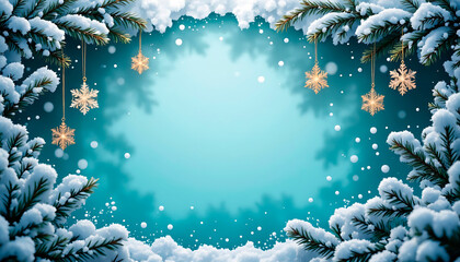 Snowy Christmas frame with fir branches and hanging gold snowflakes on blue background with falling snow and dedicated copy space