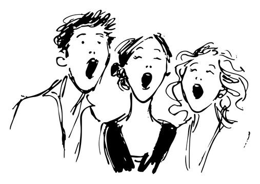 Group Of Young Carolers Singing Christmas Songs Hand Drawn Vintage Line Art Vector Illustration