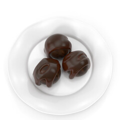 Three Realistic Chocolate Candies Covered in Melted Syrup on White Plate