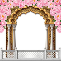 Golden Archway with Pink Peonies, White Columns, and Marble Balustrade ornate isolated on a transparent background