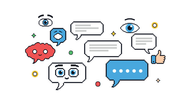 A creative composition of various pixel art speech bubbles with eyes and faces representing communication and expression.