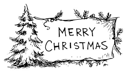 Merry Christmas Wooden Sign With Pine Tree And Fir Branch Garland Hand Drawn Vintage Line Art Vector Illustration