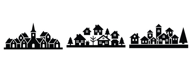 christmas village silhouette vector icon set
