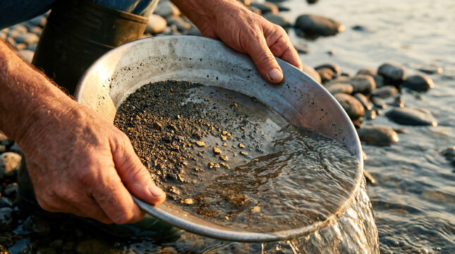 Panning for gold in a river at sunset, a man carefully sifts through gravel and sand to find precious flakes in clear water - Powered by Adobe