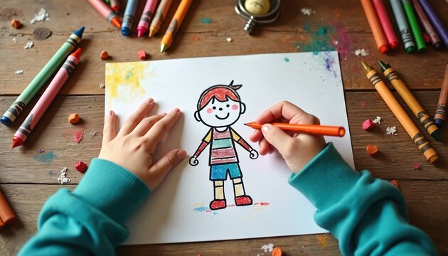Little child draws smiling boy character using colorful crayons on white paper. Kid hands color artwork at rustic wooden table, top down view. Small painter enjoys creative activity, learning art
