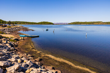 Small fishing boat moored on the Gruissan lagoon