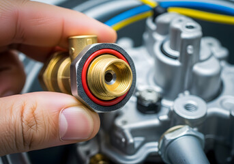 Hand holding brass plumbing fitting with O-ring seal | Close-up inspection of hydraulic or pneumatic connector component | Installing metallic industrial valve part onto machinery