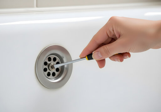 Fixing clogged bathtub overflow drain with a screwdriver | DIY home plumbing repair for drain stopper replacement | Hand adjusting stainless steel bath overflow plate