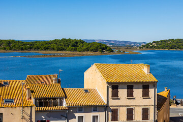 Panorama of the houses around Gruissan’s historic center and the lagoon from the Barberousse Tower
