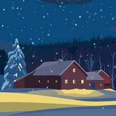 Fototapeta premium winter landscape with houses and trees along with snowfall