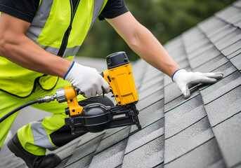 Roofer installing asphalt shingles with pneumatic nail gun | Close-up of construction worker wearing safety vest replacing roof tiles | Professional roofing contractor renovation service