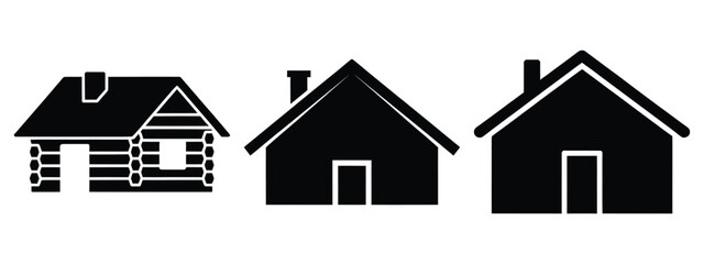 mountain cabin silhouette vector icon set