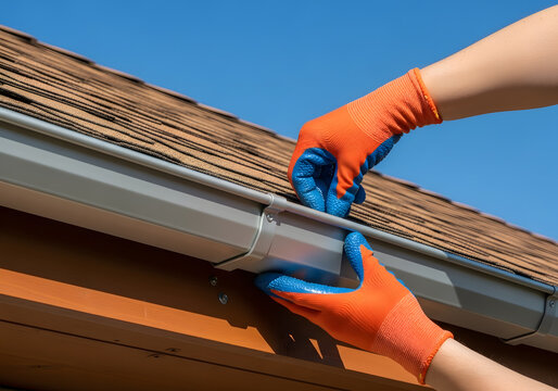 Installing new rain gutter system on residential roof | Worker in safety gloves securing aluminum gutter bracket | Home owner maintenance and repair of roof drainage | Close up of hands installing PVC