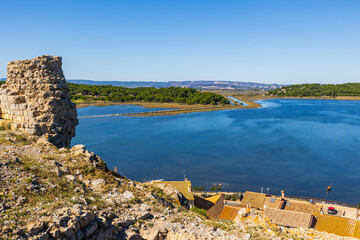 Panorama of the houses around Gruissan’s historic center and the lagoon from the Barberousse Tower