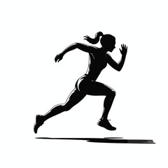 A black silhouette illustration of a female sprinter in mid-run against a white background.