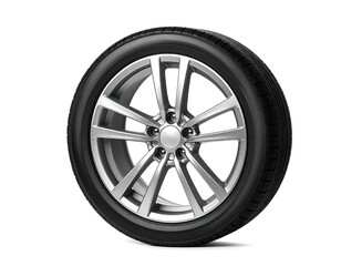 Obraz premium Isolated view of a black tire with a silver alloy wheel against a white background