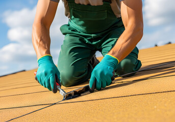 Professional roofer installing protective waterproof seal on metal roof | Worker using roofing sealant tool to apply tar to golden-brown shingle surface | Construction worker wearing safety gloves 