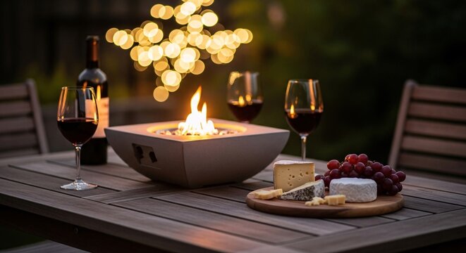 Cozy outdoor patio evening with tabletop fire pit, red wine glasses and cheese board on wooden table, romantic dinner setting with warm bokeh string lights background. - Powered by Adobe