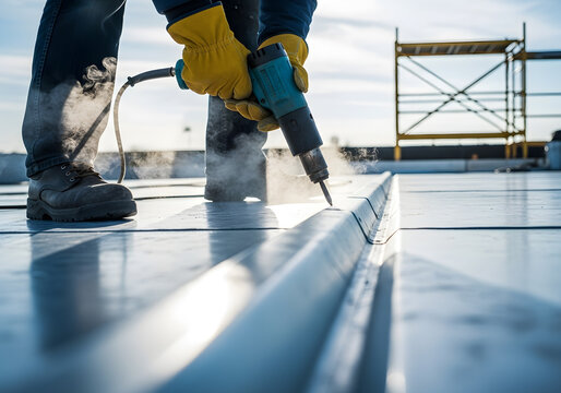 Rooftop construction worker using power welding tool on membrane roof | Close-up of technician sealing commercial TPO roofing material | Professional installing reflective industrial roofing